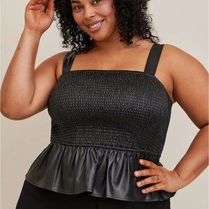Peplum Faux Leather Smocked Top